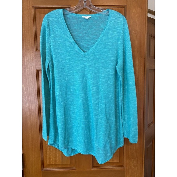 Eileen Fisher Medium Organic Linen Cotton Slub V Neck Tunic Top Teal Beach - Picture 1 of 8